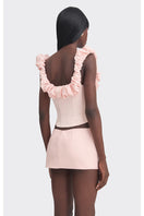 Pink croissant-shaped corset bustier top by Stolen Stores, features fitted design and stylish details, perfect for trendy outfits.