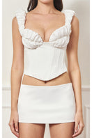 Off-white croissant-shaped corset bustier top by Stolen Stores, featuring structured design and stylish fit.