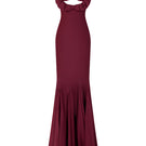 Stolen Stores burgundy Croissant Maxi Slip Dress displayed on a hanger, showcasing its flowing fabric and elegant slip design.
