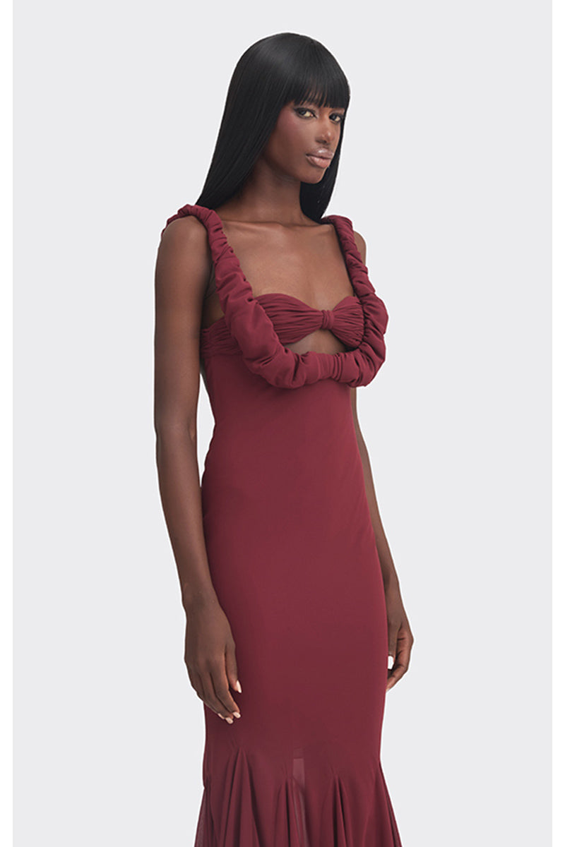 Burgundy Croissant Maxi Slip Dress by Stolen Stores, featuring a flowy design and elegant silhouette.