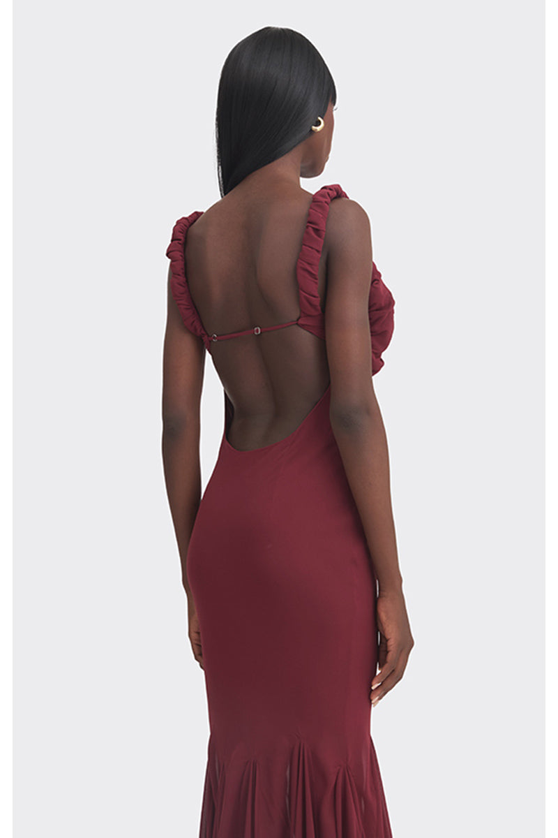 burgundy dress flowy Bridesmaid Burgundy Dresses Flowy One Shoulder Long Sleeves Floor Length Chiffon Bridesmaid Dresses