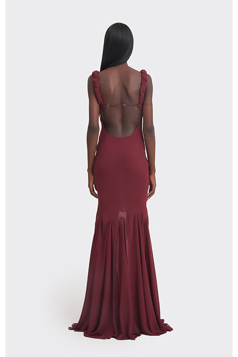 Burgundy Croissant Maxi Slip Dress by Stolen Stores, featuring a relaxed fit and elegant design, shown on a model.