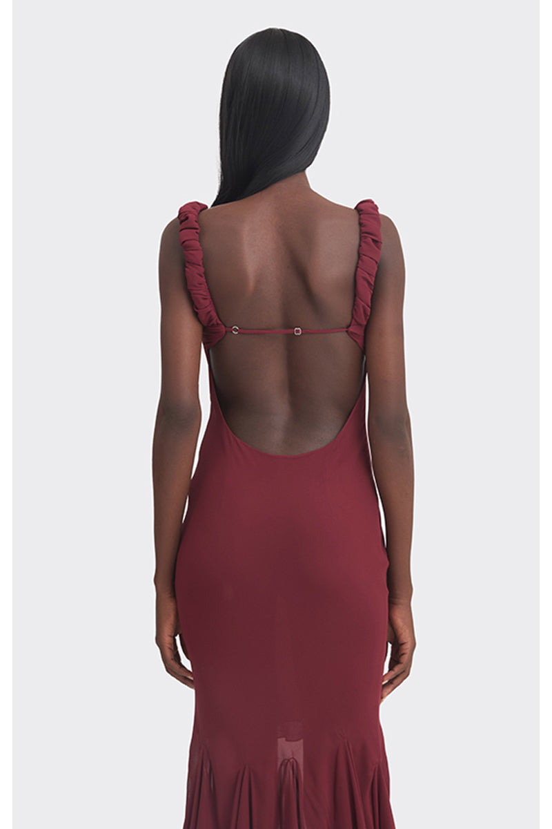 Burgundy Croissant Maxi Slip Dress by Stolen Stores, featuring a flowing silhouette and elegant design.