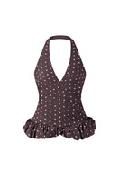 Dark brown mini croissant top by Stolen Stores, casual women's short-sleeve blouse with textured fabric and relaxed fit.