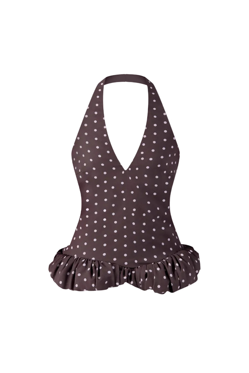 Dark brown mini croissant top by Stolen Stores, casual women's short-sleeve blouse with textured fabric and relaxed fit.