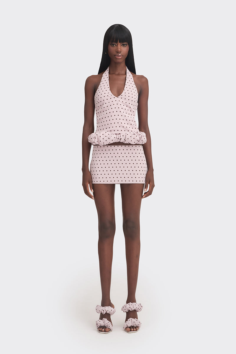 Purple polka dot mini croissant top by Stolen Stores, featuring a stylish Kapi design and fitted silhouette.