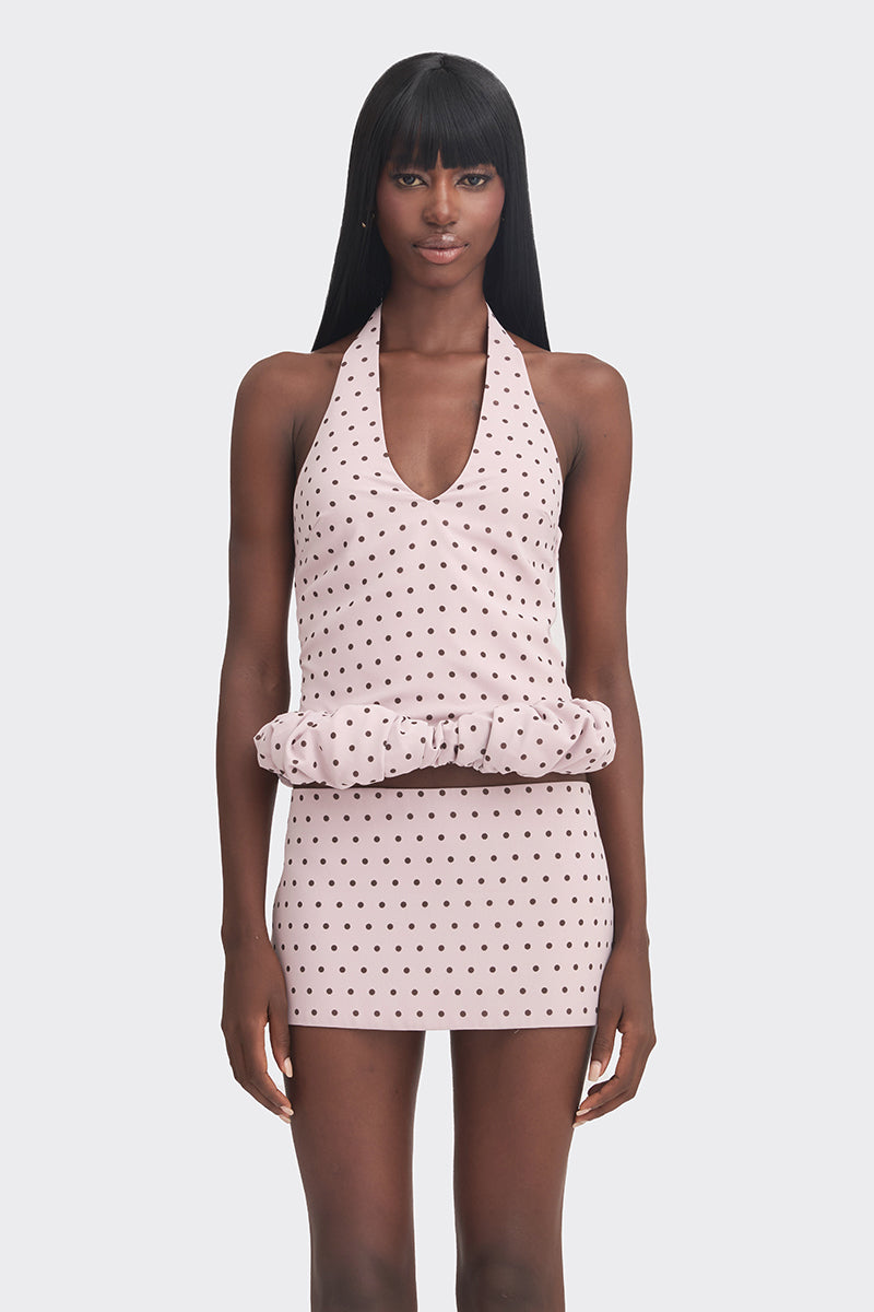 Purple polka dot mini croissant-style top by Stolen Stores, featuring a trendy kapi color and casual fit.