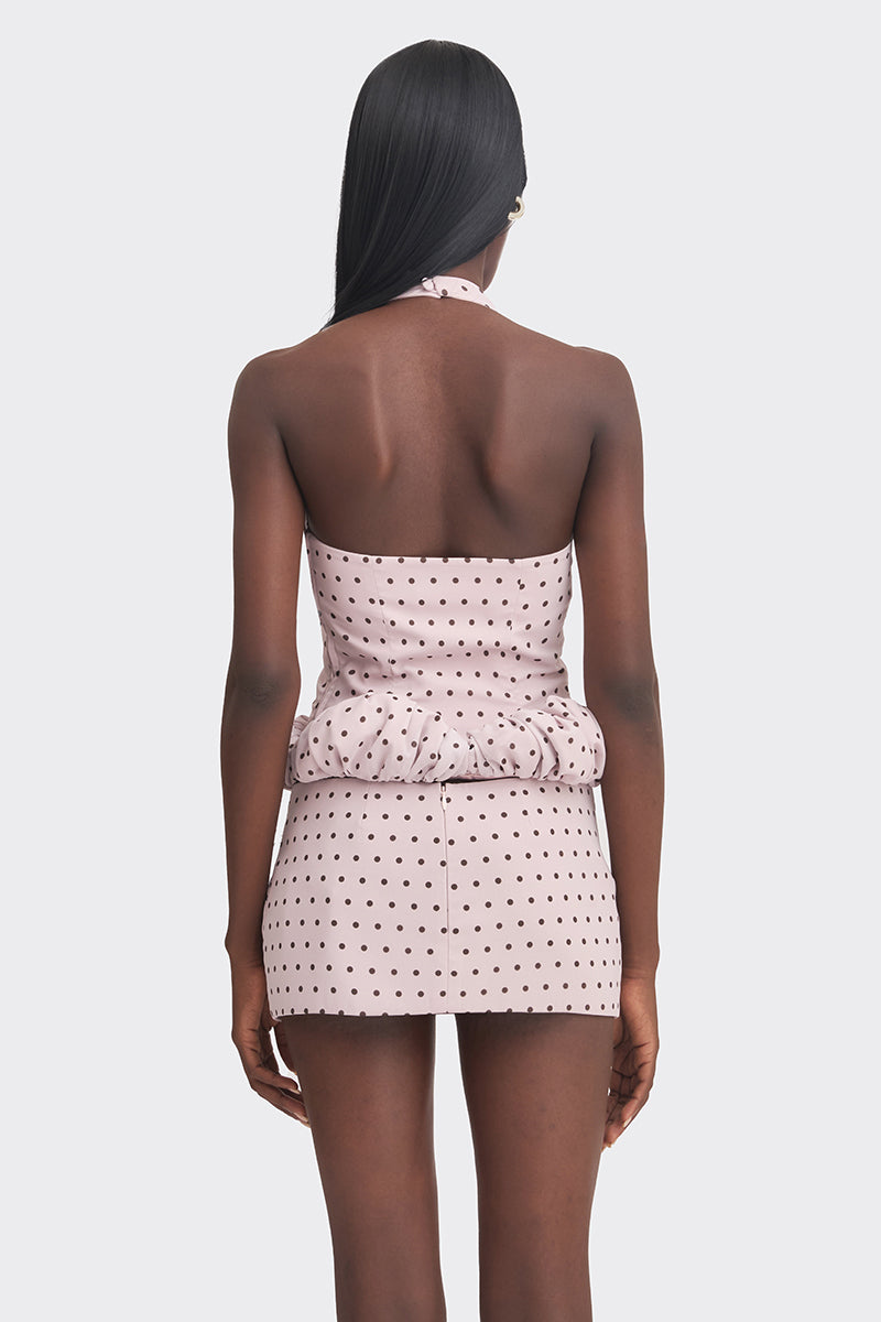 Purple polka dot mini croissant top by Stolen Stores, featuring a stylish sleeveless design and playful pattern.