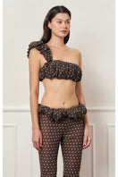 Brown polka dot Croissant one-shoulder top by Stolen Stores, featuring a stylish asymmetrical design and lightweight fabric.