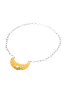 Gold croissant chain necklace by Oz Objects featuring a detailed croissant pendant on a sleek chain.
