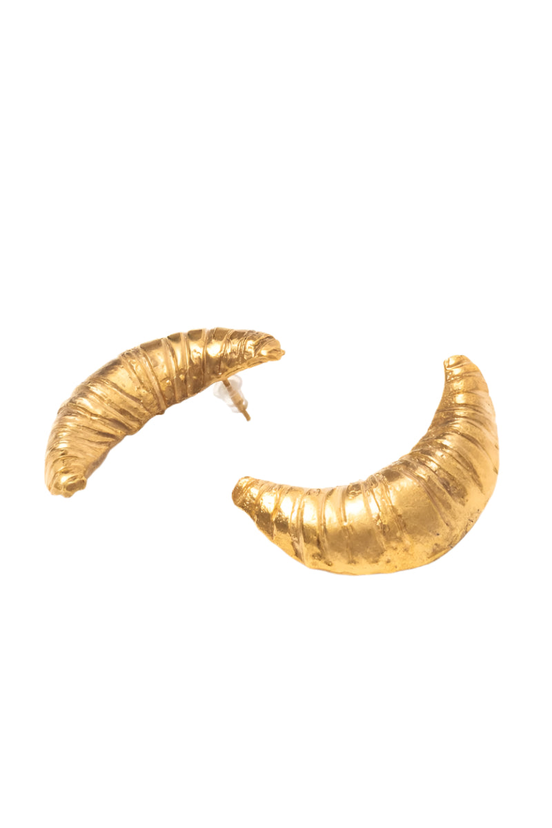 Gold croissant-shaped earrings by Oz Objects, featuring detailed crescent jewelry design for a stylish look.