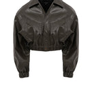 Khaki green leather cropped bomber jacket by Kris Marán, featuring a stylish, fitted design with a front zipper and ribbed cuffs.