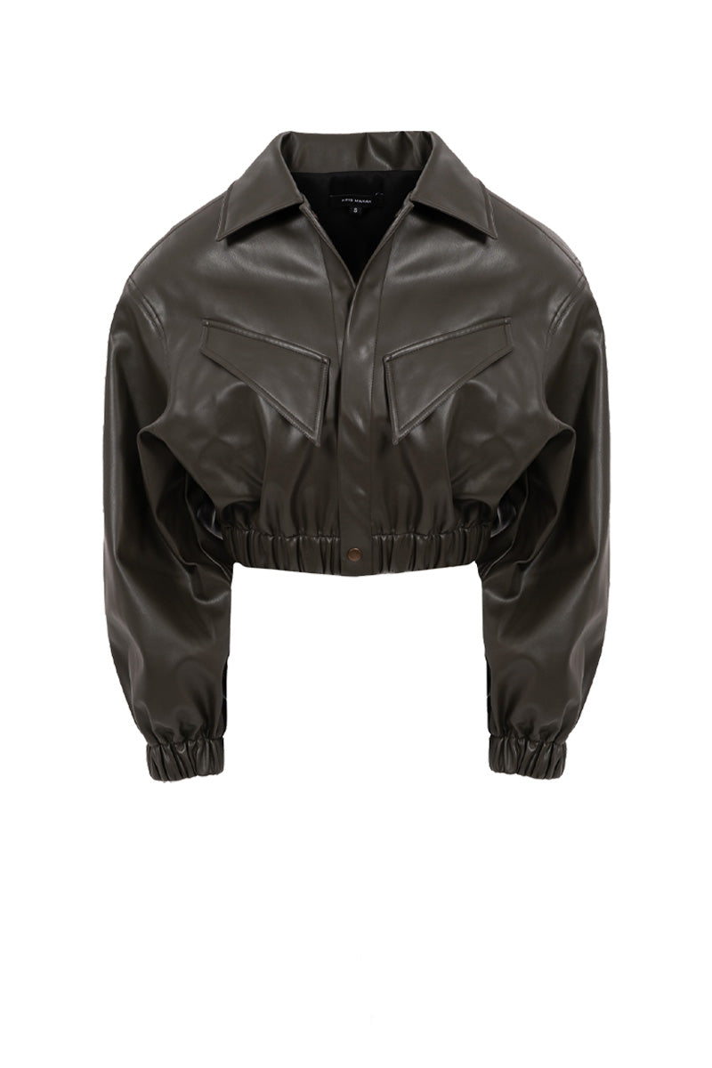 Khaki green leather cropped bomber jacket by Kris Marán, featuring a stylish, fitted design with a front zipper and ribbed cuffs.