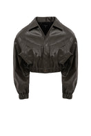 Khaki green leather cropped bomber jacket by Kris Marán, featuring a stylish, fitted design with a front zipper and ribbed cuffs.