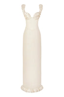 Beige croissant corset maxi dress by Stolen Stores featuring a fitted bodice and flowing skirt, perfect for elegant occasions.