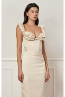 Beige croissant-corset maxi dress by Stolen Stores featuring a fitted bodice and flowing skirt, perfect for elegant occasions.