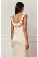 Beige croissant-corset maxi dress by Stolen Stores featuring a fitted bodice and flowing skirt, perfect for elegant occasions.