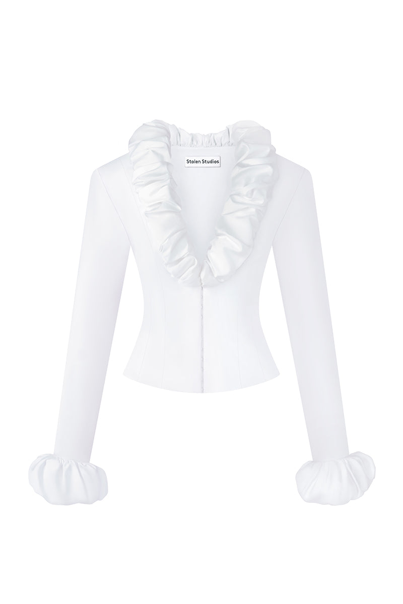 White Croissant Corset Shirt by Stolen Stores, a stylish tops with a fitted, corset-inspired design and unique croissant-shaped detail.