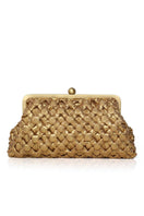 Gold crossed clutch bag by Sarah's Bag, stylish leather clutch with crossed design for elegant evening occasions.