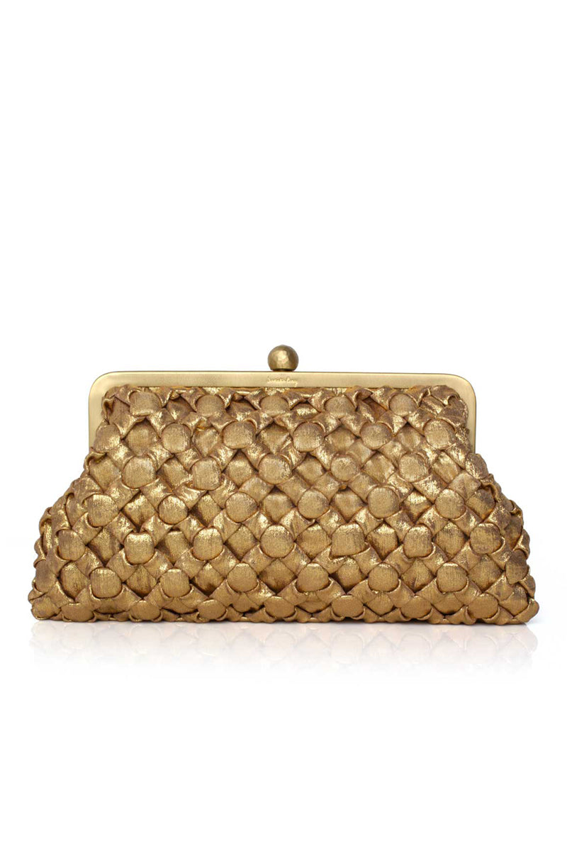 Gold crossed clutch bag by Sarah's Bag, stylish leather clutch with crossed design for elegant evening occasions.