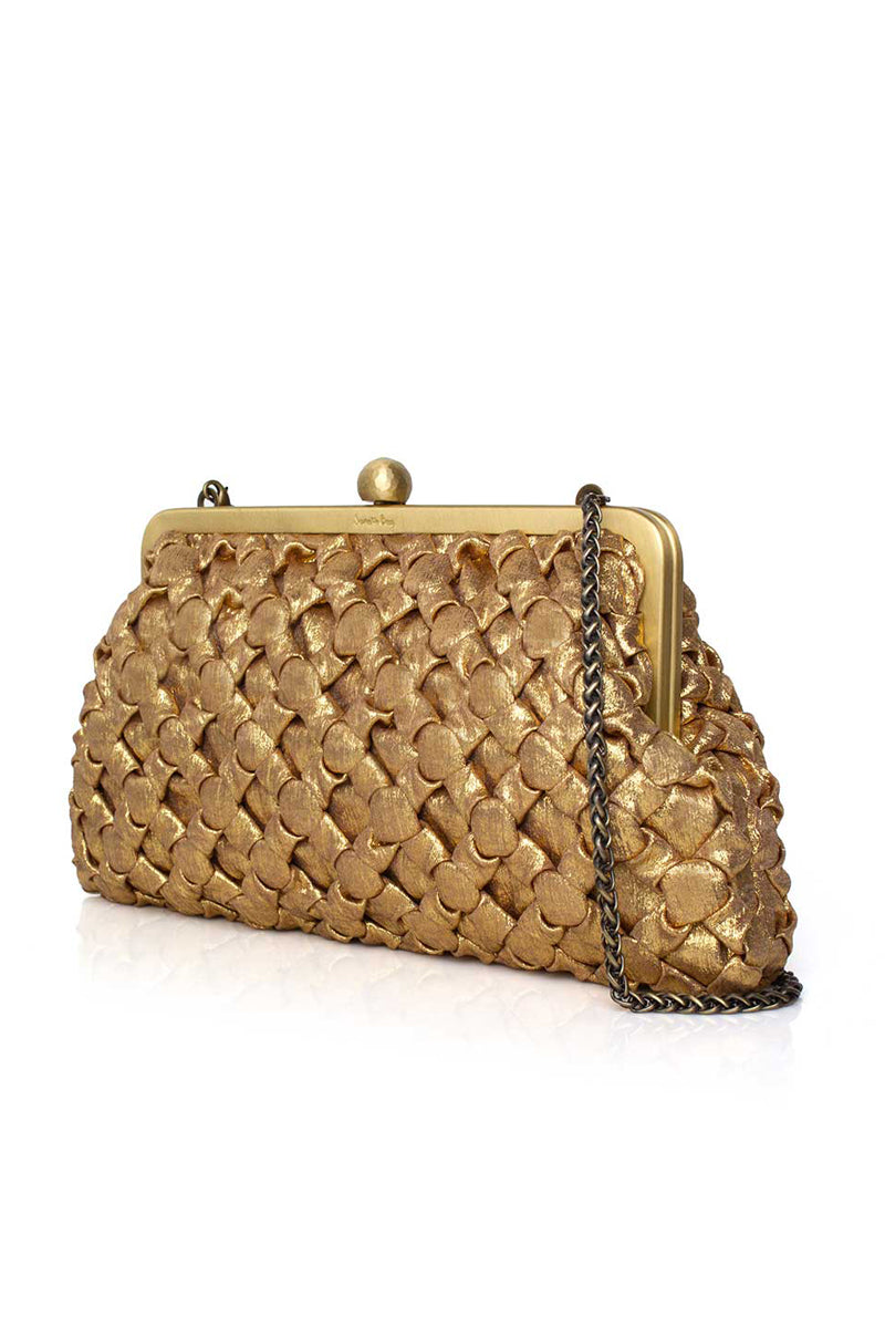 Gold crossed design clutch bag by Sarah's Bag, stylish and elegant accessory for evening or special occasions.
