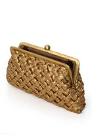 Gold crossed clutch bag by Sarah's Bag, elegant and stylish with a textured finish, perfect for evening events.