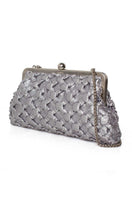 Silver crossed clutch bag by Sarah's Bag, elegant classic design with sleek metallic finish perfect for evening occasions.