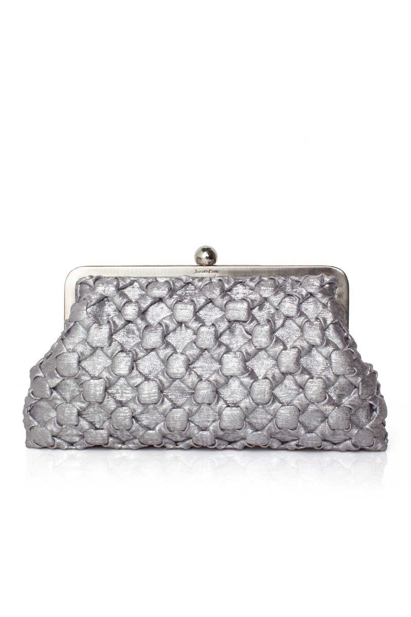 Silver crossed clutch bag by Sarah's Bag featuring sleek design and elegant craftsmanship.