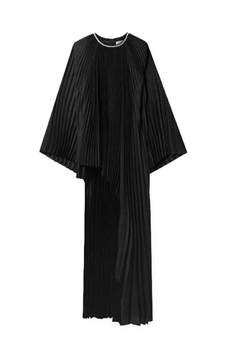 CRYSTAL-EMBELLISHED DRAPED PLISSÉ SATIN TUNIC - CULT MIA