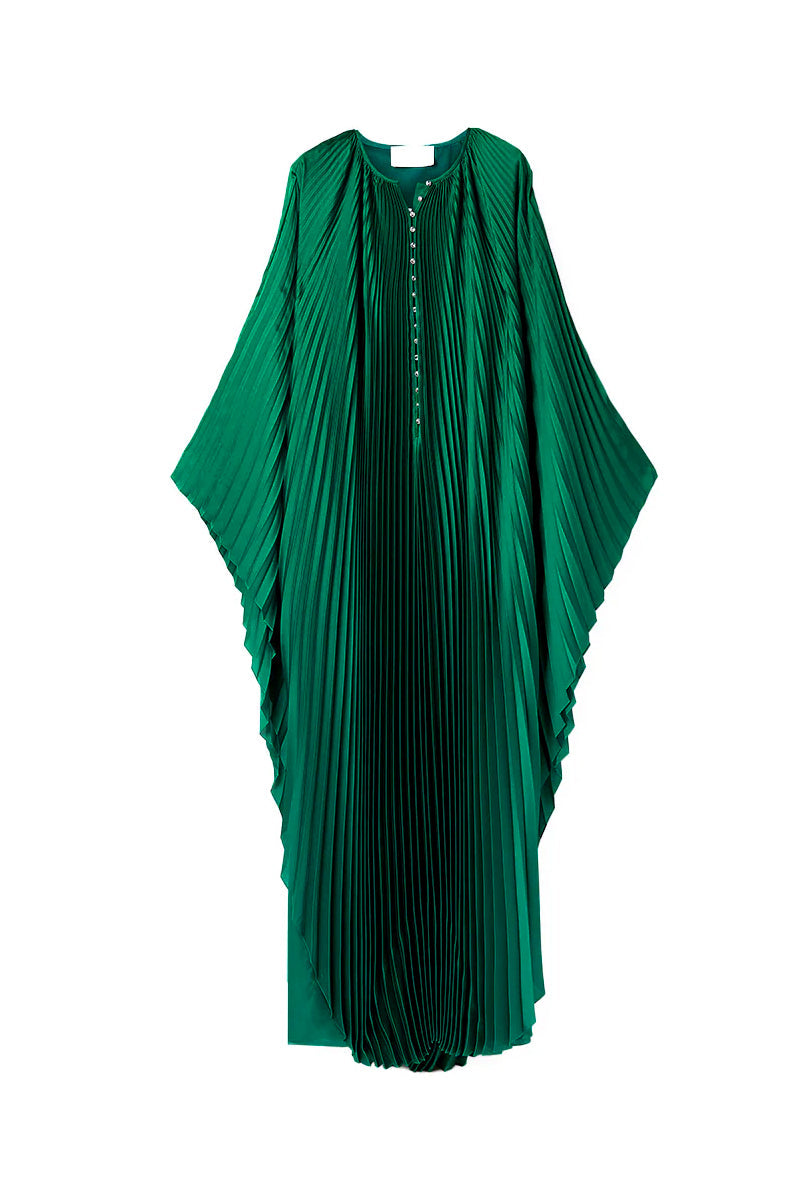 CRYSTAL-EMBELLISHED PLISSÉ-SATIN MAXI DRESS IN GREEN - CULT MIA