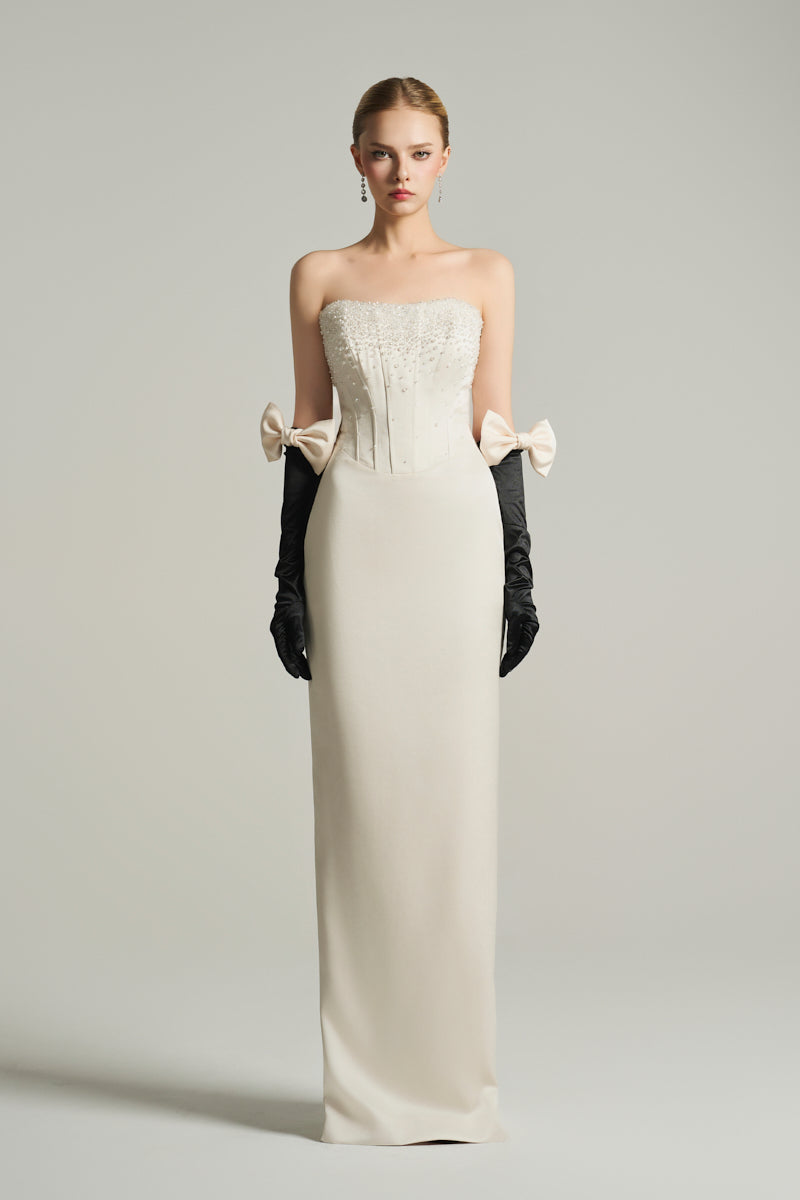 BUSTIER COLUMN GOWN IN IVORY - CULT MIA