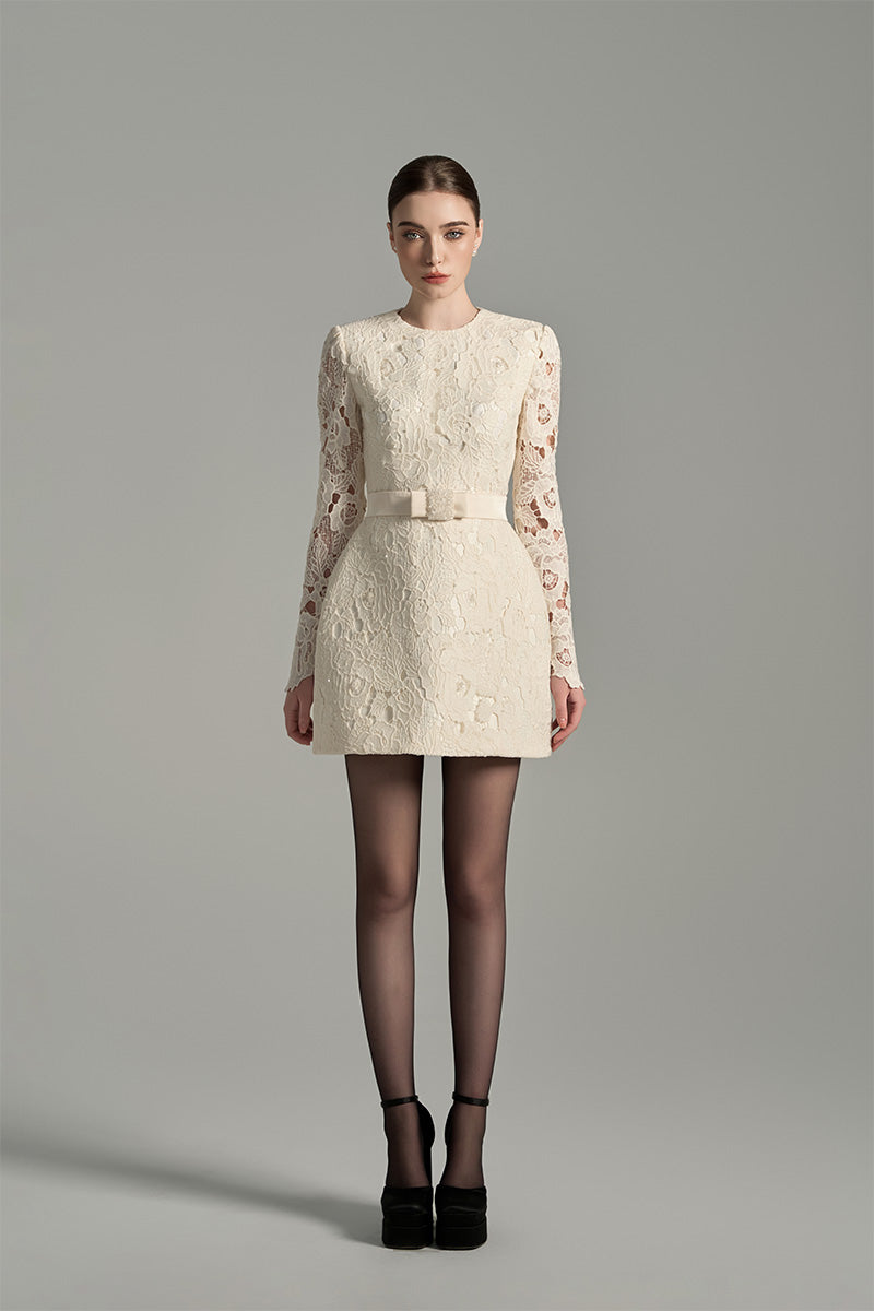 FLORAL LACE LONG SLEEVE MINI DRESS IN IVORY | CULT MIA | I.H.F Studio FLORAL LACE LONG SLEEVE MINI DRESS IN IVORY | CULT MIA | I.H.F Studio