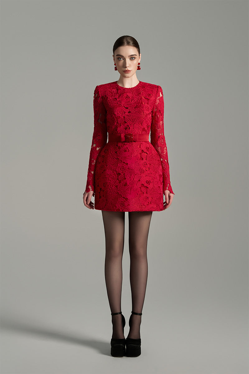 I.H.F Studio Floral Lace Long Sleeve Mini Dress in Bordeaux | Cult Mia I.H.F Studio Floral Lace Long Sleeve Mini Dress in Bordeaux | Cult Mia