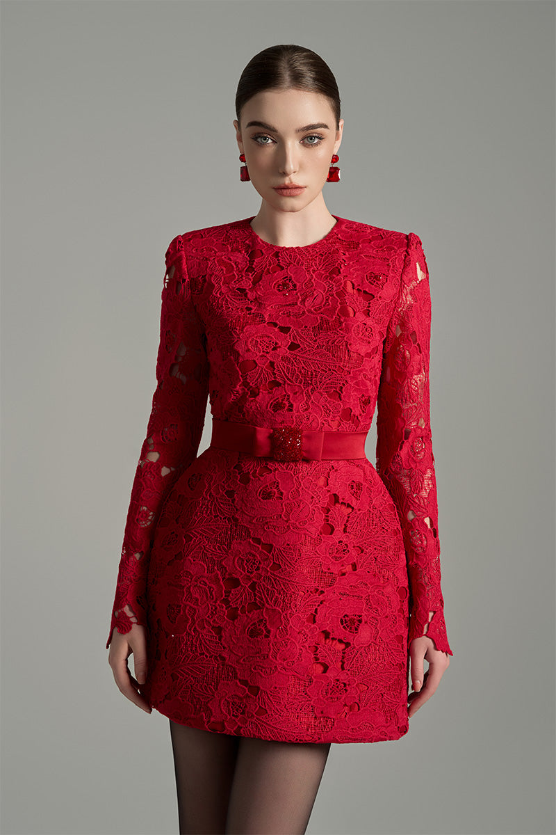 I.H.F Studio FLORAL LACE LONG SLEEVE MINI DRESS IN BORDEAUX | Cult Mia I.H.F Studio FLORAL LACE LONG SLEEVE MINI DRESS IN BORDEAUX | Cult Mia