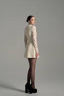 Ivory floral lace long sleeve mini dress with puff sleeves by I.H.F Studio, featuring intricate lace details and a fitted silhouette.