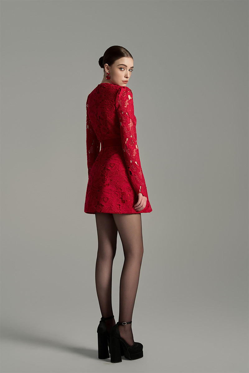 I.H.F Studio Floral Lace Long Sleeve Mini Dress in Bordeaux | Cult Mia I.H.F Studio Floral Lace Long Sleeve Mini Dress in Bordeaux | Cult Mia
