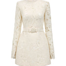 Ivory floral lace long sleeve mini dress with puff sleeves by I.H.F Studio, featuring a delicate crystal bow accent.