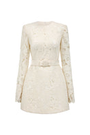 Ivory floral lace long sleeve mini dress with puff sleeves by I.H.F Studio, featuring a delicate crystal bow accent.