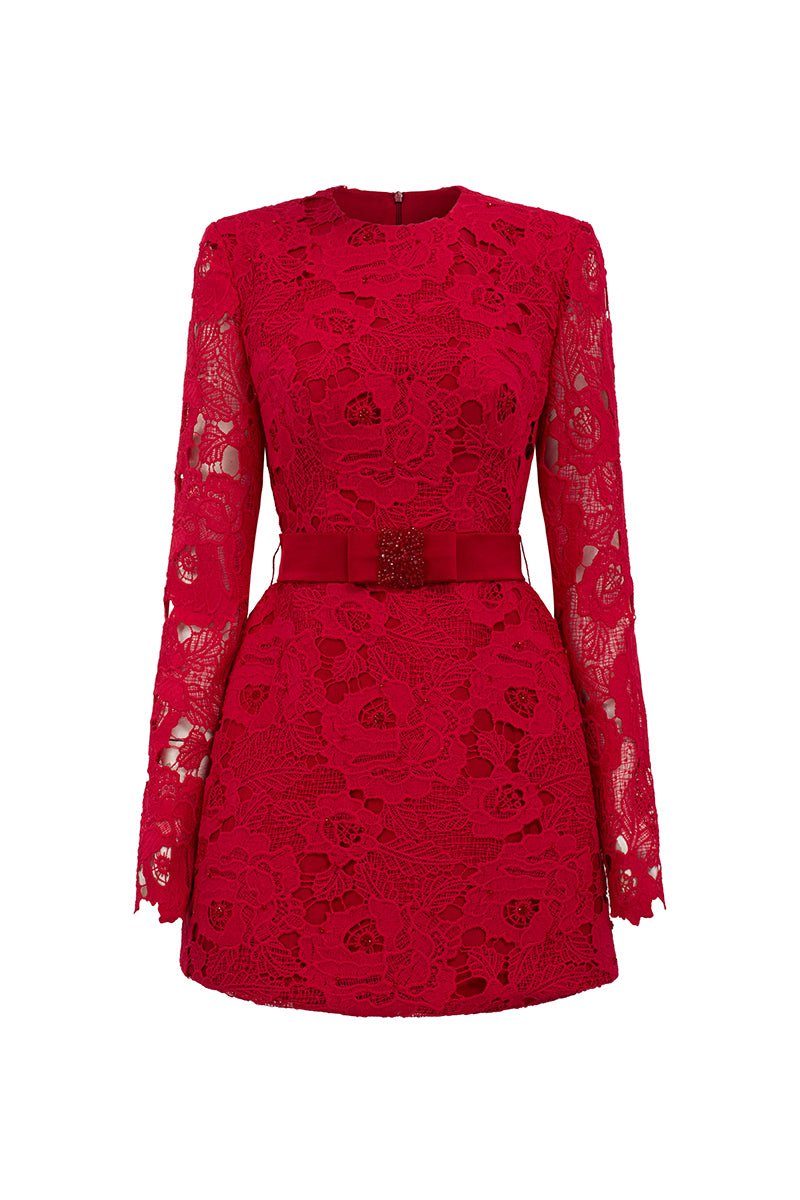 FLORAL LACE LONG SLEEVE MINI DRESS IN BORDEAUX