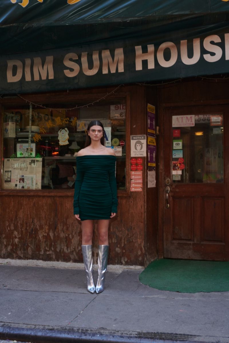 Baobab Fuji mini dress in Bosque color, featuring a stylish short dress design with a relaxed fit and subtle pattern.