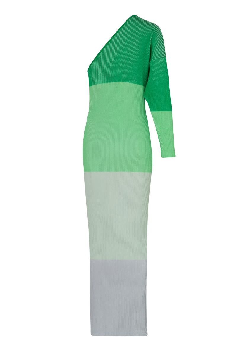Baobab leaves print maxi dress in pistachio cream, flowing fabric, and elegant design perfect for summer or casual occasions.