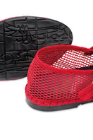 Red Flabelus Isabella flats with rounded toe and sleek design, displayed on a white background.