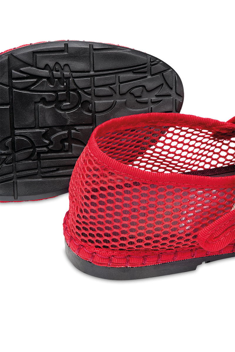 Red Flabelus Isabella flats with rounded toe and sleek design, displayed on a white background.