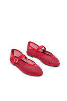 Red Flabelus Isabella flats, stylish slip-on shoes with a sleek design, shown from a side angle on a white background.
