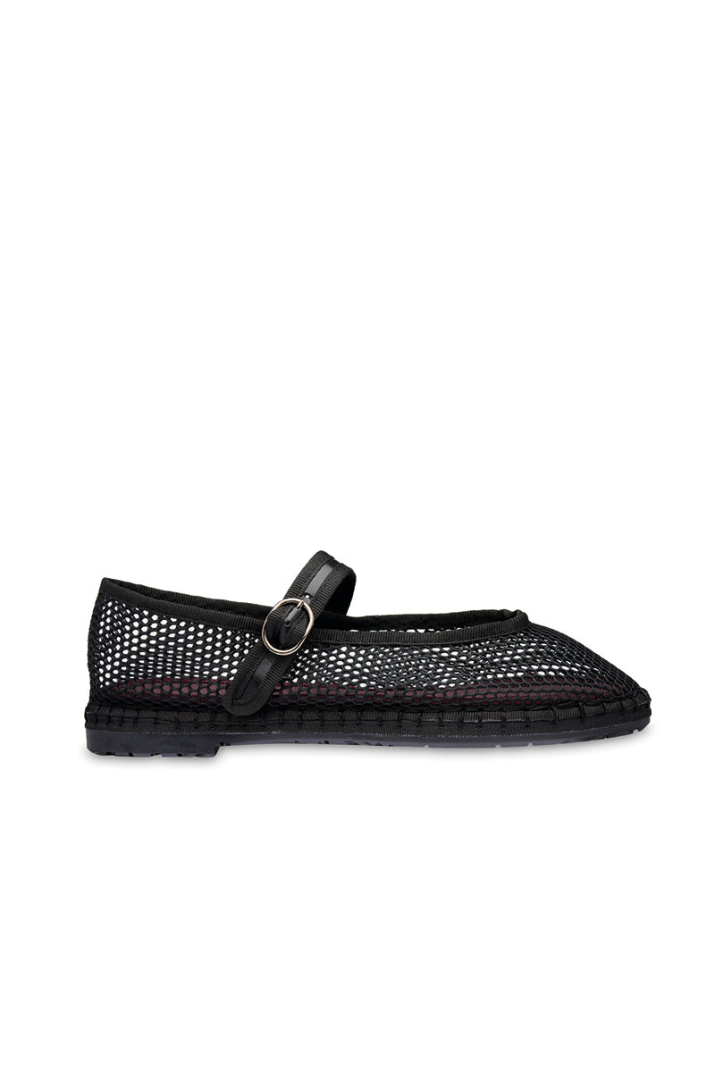 Flabelus Isabella black flats shoes with pointed toe and sleek design, shown on a white background.