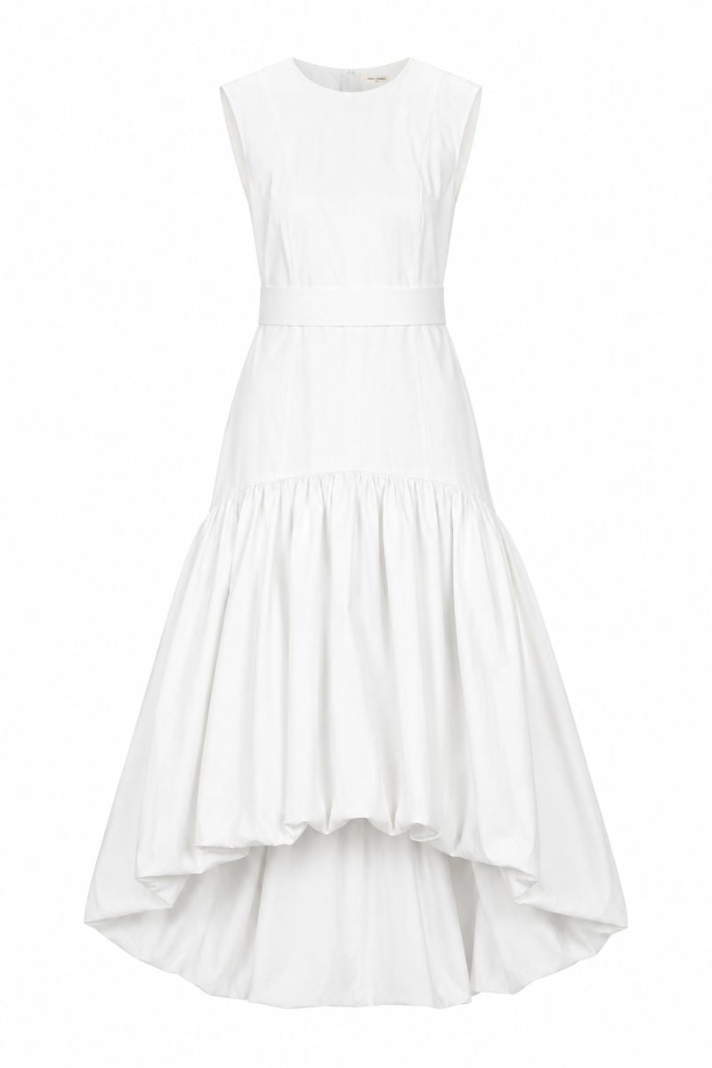 Ivory Cupula maxi dress by Ana + Maria displayed on a ghost mannequin, showcasing elegant fit and flowing fabric.