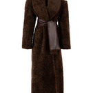 Chocolate brown Kris Marán Curly Maxi Coat hanging on a clothing rack with a textured curly design.