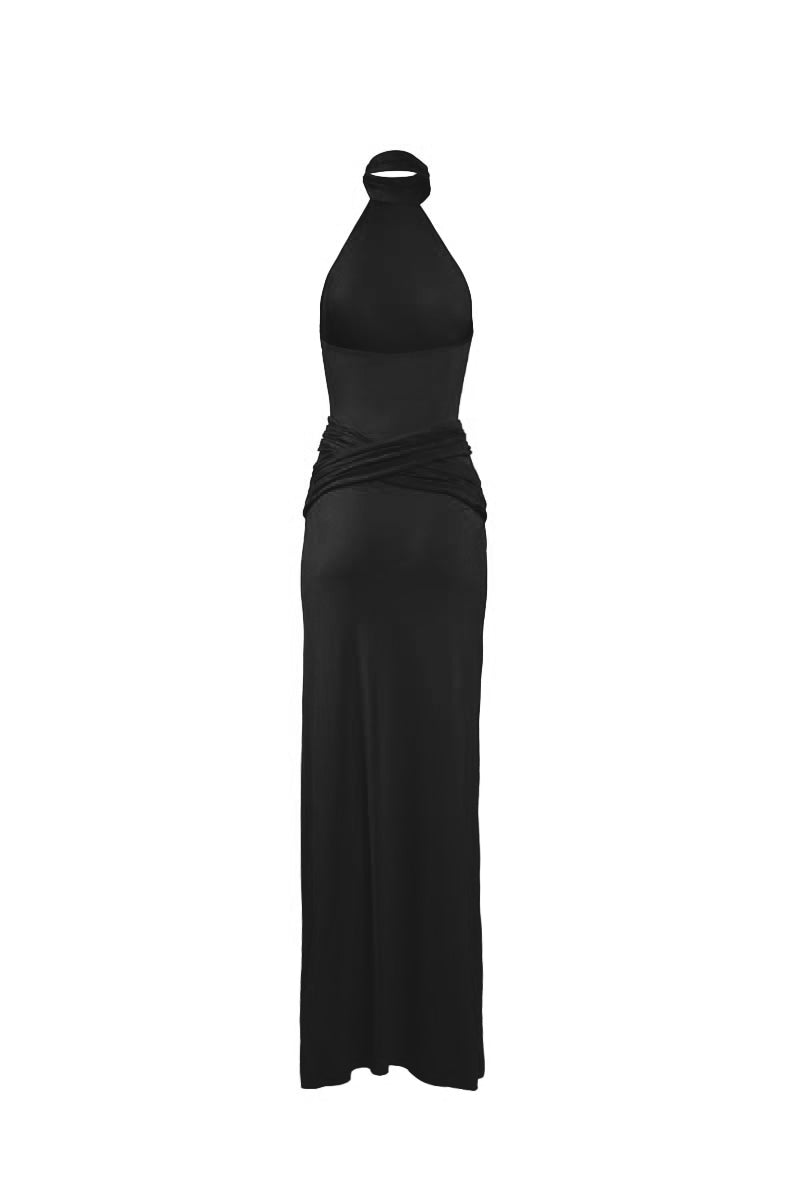 Black YASSMIN SALEH Curve gown maxi dress with ghost-back design, elegant and form-fitting for formal occasions.
