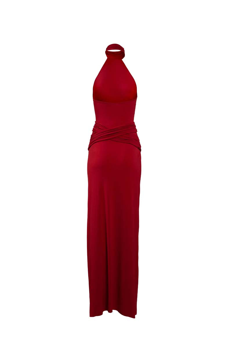 Red Curve Gown maxi dress by YASSMIN SALEH featuring a flowing silhouette and ghost back design.