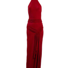 Red YASSMIN SALEH Curve Gown maxi dress featuring a fitted silhouette and elegant design, shown from the front.